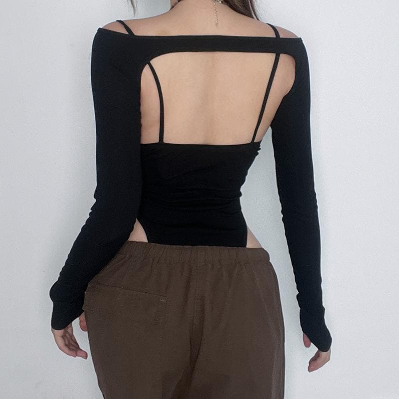 Edgy Y2K Buckle Mesh Bodysuit & Off-Shoulder Shrug Set - Perfect for Fall Nights Out