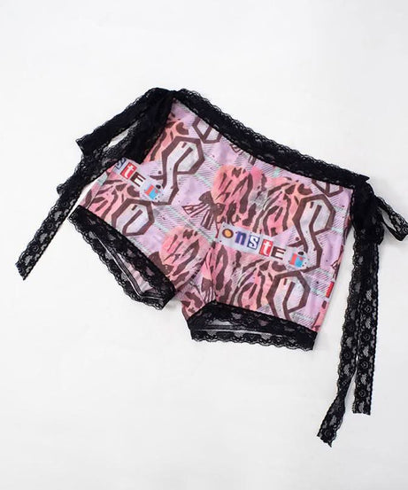 Spooky Chic Y2K Mesh "MONSTER" Print Lace Trim Crop Top & Shorts Set – Halloween & Fall Streetwear