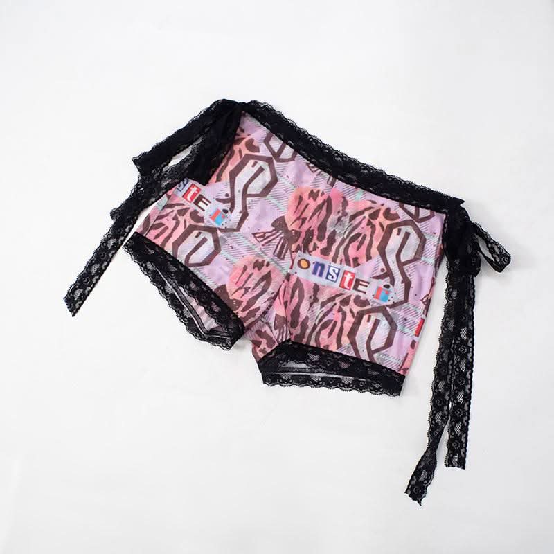 Spooky Chic Y2K Mesh "MONSTER" Print Lace Trim Crop Top & Shorts Set – Halloween & Fall Streetwear