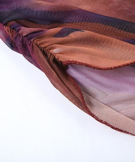 Autumn Glow Ruched Mesh Midi Dress - Asymmetrical Hem & Abstract Fall Print