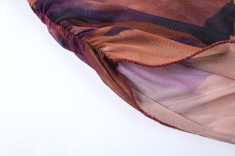 Autumn Glow Ruched Mesh Midi Dress - Asymmetrical Hem & Abstract Fall Print