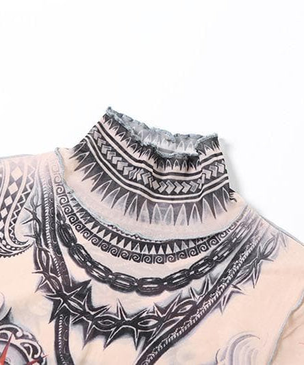 Second Skin Faux Tattoo Mesh Set | Crop Top & Flare Pants | Edgy Fall & Halloween Style