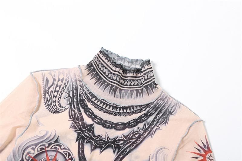 Second Skin Faux Tattoo Mesh Set | Crop Top & Flare Pants | Edgy Fall & Halloween Style