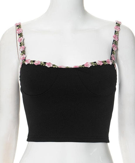 Chic Black Floral Embroidered Cami Crop Top - Romantic Fall Style for Women