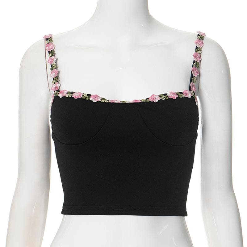 Chic Black Floral Embroidered Cami Crop Top - Romantic Fall Style for Women
