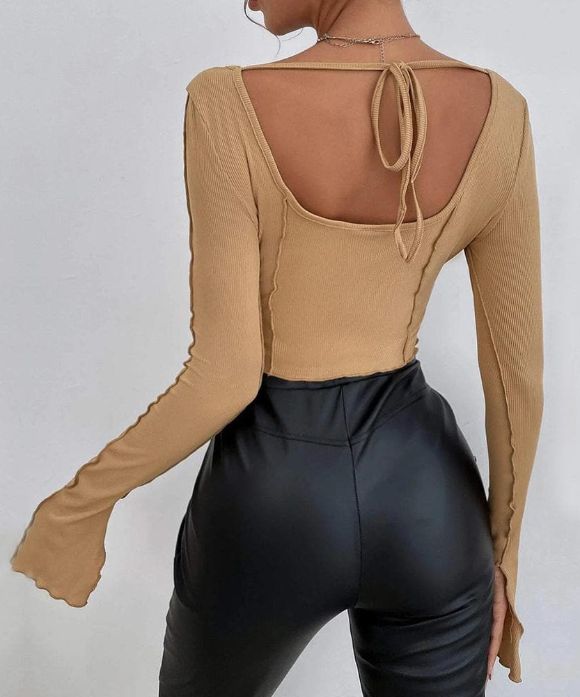Fall Obsession: Ribbed Square Neck Crop Top with Flared Bell Sleeves & Tie Back