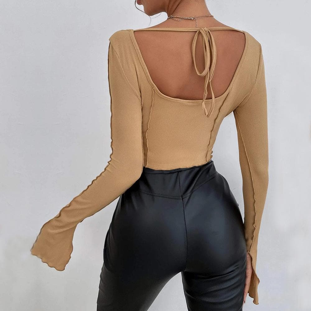 Fall Obsession: Ribbed Square Neck Crop Top with Flared Bell Sleeves & Tie Back
