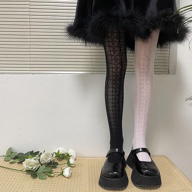 Spooky Chic Contrast Hollow-Out Tights: Asymmetrical Fall Fashion Statement
