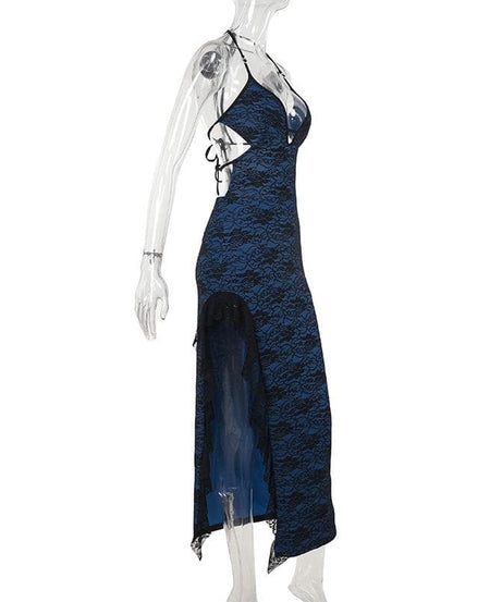 Midnight Blue Lace Halter Maxi Dress with Sassy Slit & Cut-Outs – Your Fall & Holiday Event Staple