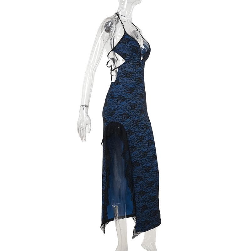Midnight Blue Lace Halter Maxi Dress with Sassy Slit & Cut-Outs – Your Fall & Holiday Event Staple