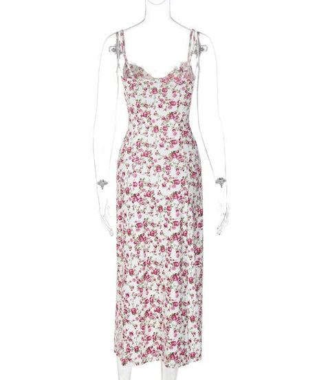 Romantic White Floral Lace Trim Cami Midi Dress with High Slit - Chic Autumn Events & Vacation Style