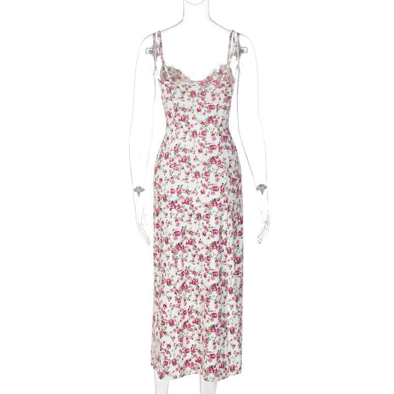Romantic White Floral Lace Trim Cami Midi Dress with High Slit - Chic Autumn Events & Vacation Style