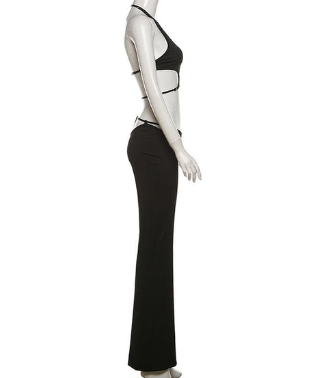 Electrify Your Fall Nights: Daring Cut-Out Halter Crop & Flared Pant Set – Perfect for Halloween & Parties