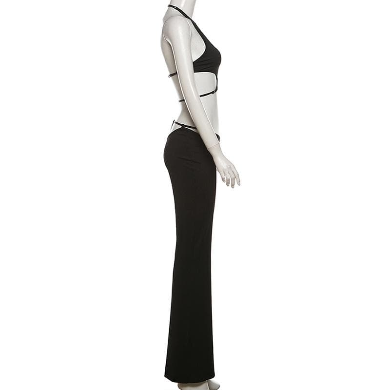 Electrify Your Fall Nights: Daring Cut-Out Halter Crop & Flared Pant Set – Perfect for Halloween & Parties
