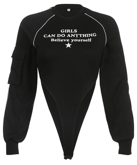 Empowering "Girls Can Do Anything" Cargo Bodysuit - Chic Long Sleeve Fall Fashion
