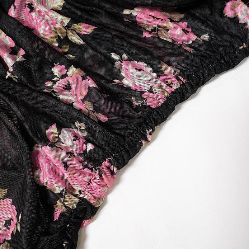 Enchanting Fall Floral Mesh Mini Dress | Chic Cowl Neck & Bell Sleeves