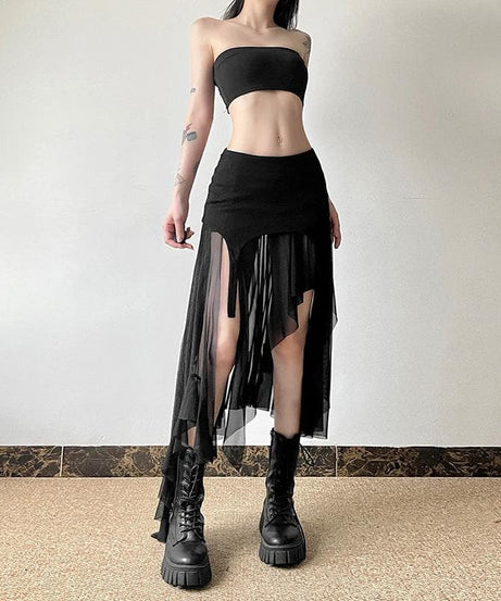 Bewitching Black Asymmetrical Mesh Midi Skirt - Edgy Fall & Halloween Essential