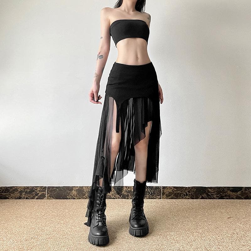 Bewitching Black Asymmetrical Mesh Midi Skirt - Edgy Fall & Halloween Essential
