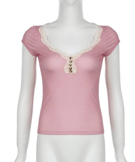 Chic Pink Striped Lace Henley Top – Cozy Fall Essential for Women