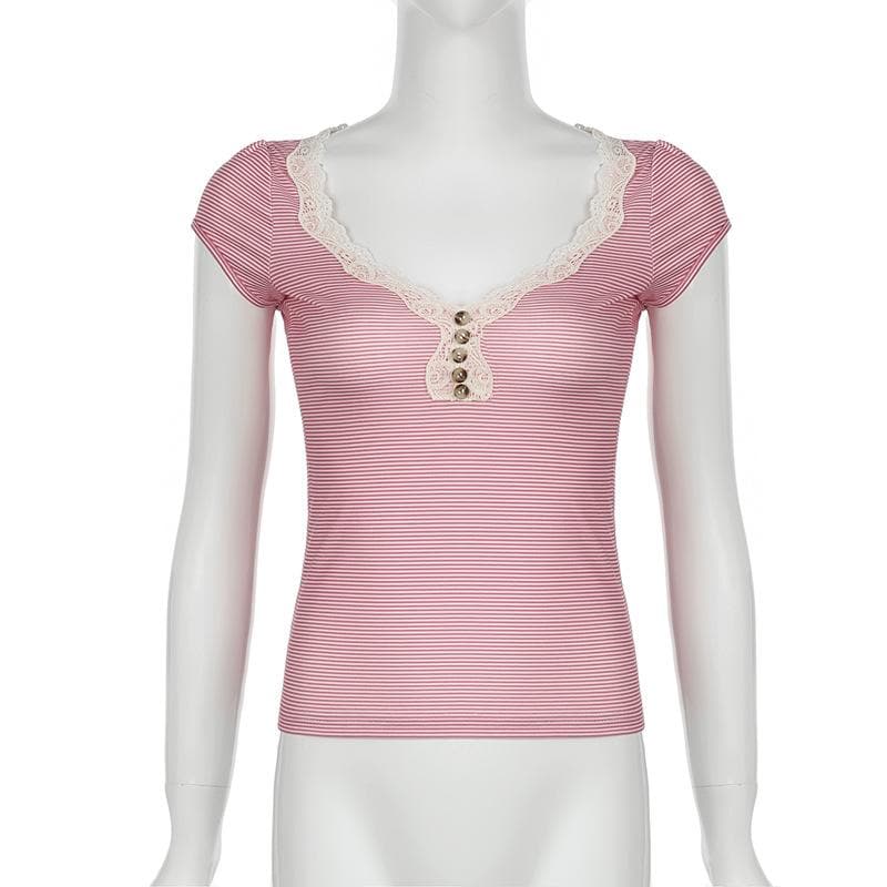 Chic Pink Striped Lace Henley Top – Cozy Fall Essential for Women