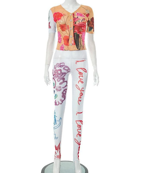 Love Blooms Fall Set: Women's Floral Sheer Top & 'I Love You' Graphic Stirrup Leggings