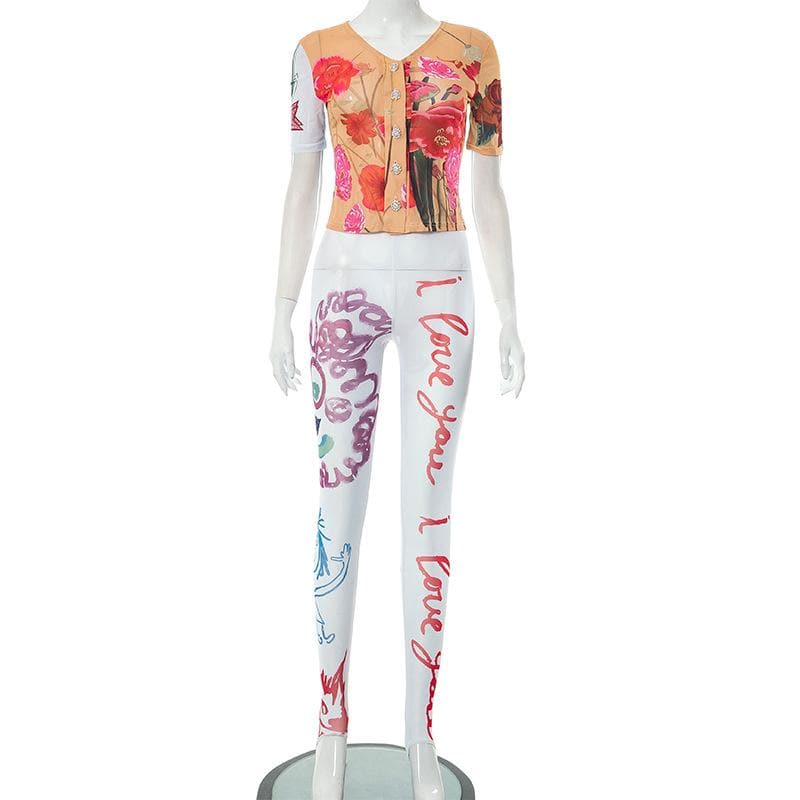 Love Blooms Fall Set: Women's Floral Sheer Top & 'I Love You' Graphic Stirrup Leggings