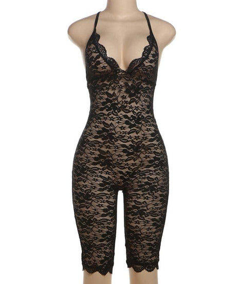 Sultry Black Lace V-Neck Romper Bodysuit – Chic & Flirty for Fall Nights