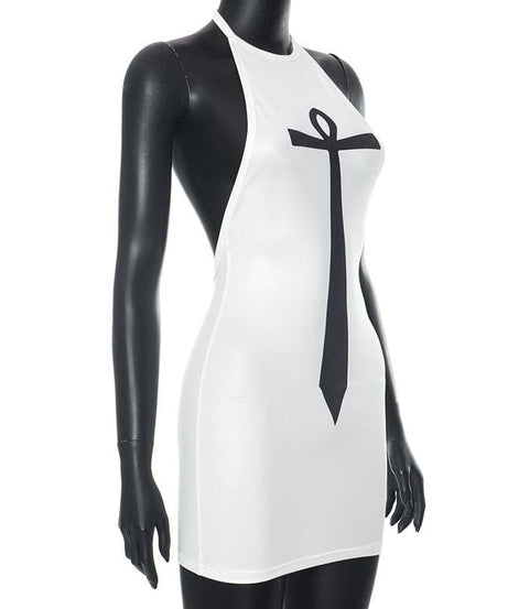 Mystic Ankh Tie Halter Mini Dress - Chic Backless Bodycon for Fall Parties