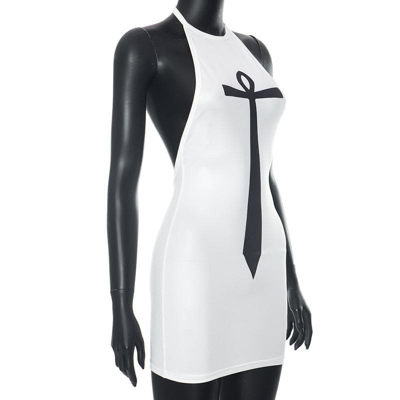 Mystic Ankh Tie Halter Mini Dress - Chic Backless Bodycon for Fall Parties