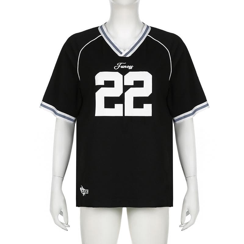 Women's Varsity '22' V-Neck Jersey Top - Fall Athleisure & Game Day Chic