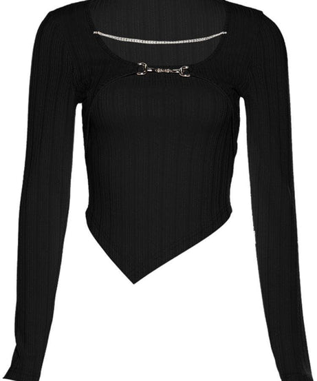 Elevated Fall Ribbed Knit Long Sleeve Top | Chic Chain & Buckle Detail, Asymmetrical Hem