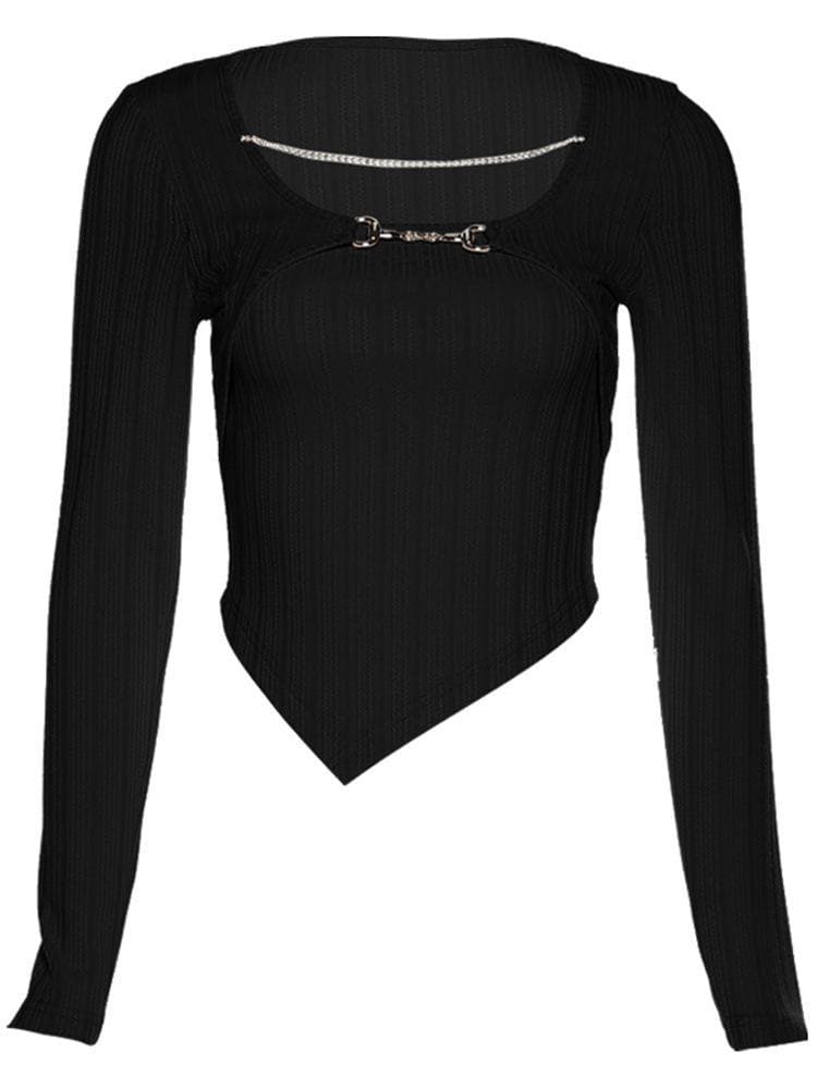 Elevated Fall Ribbed Knit Long Sleeve Top | Chic Chain & Buckle Detail, Asymmetrical Hem