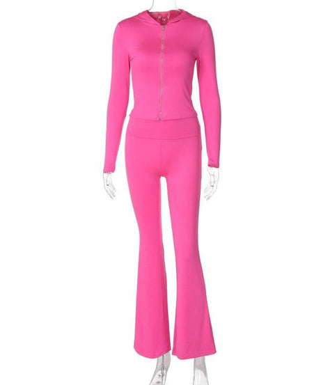 Fuchsia Flare Power: Y2K Zip-Up Hoodie & High-Rise Bell Bottom Set – Fall's Hottest Athleisure