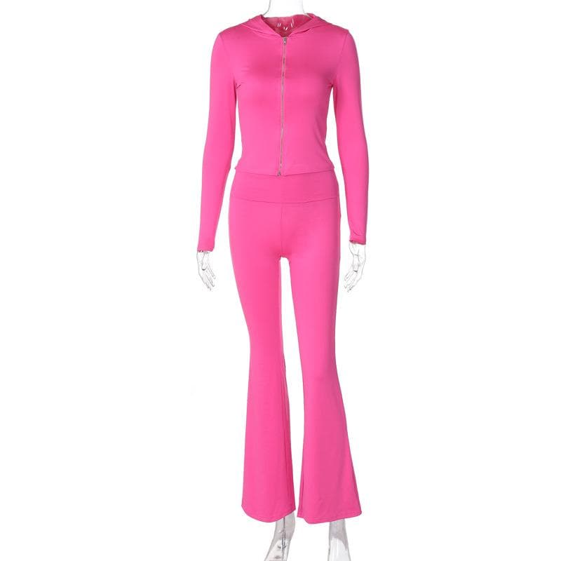 Fuchsia Flare Power: Y2K Zip-Up Hoodie & High-Rise Bell Bottom Set – Fall's Hottest Athleisure