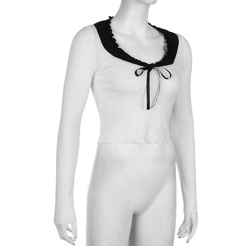 Fall Chic: Sweetheart Ruffle Tie-Front Ribbed Knit Long Sleeve Top