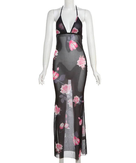 Floral Fantasy Sheer Mesh Halter Maxi Dress - Glamorous Nights Out
