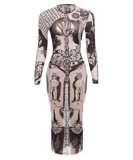Unleash Your Edge: Mystical Art Print Sheer Mesh Maxi Dress - Fall & Halloween Ready