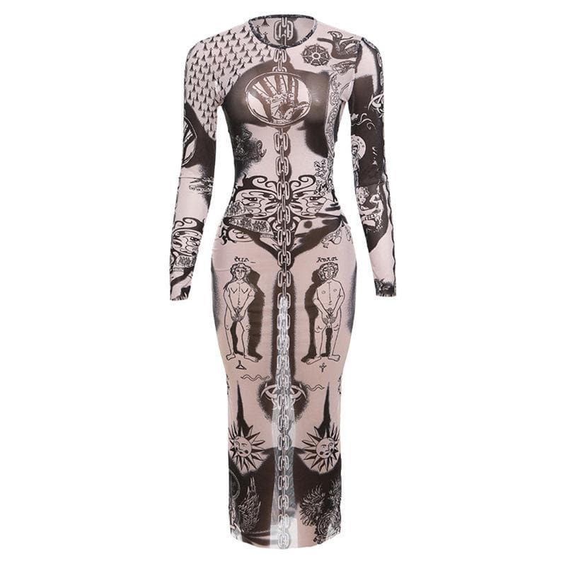 Unleash Your Edge: Mystical Art Print Sheer Mesh Maxi Dress - Fall & Halloween Ready