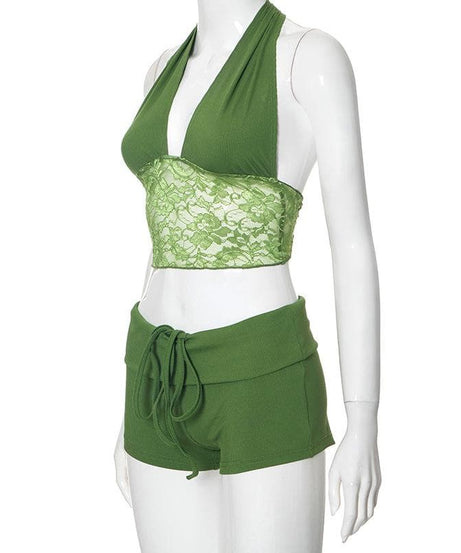 Y2K Dream Pink Ribbed Halter Crop Top & Shorts Lounge Set | Lace Trim