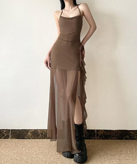 Autumn Ember Halter Mesh Maxi Dress | Sheer Slit Gown with Ruched Detail