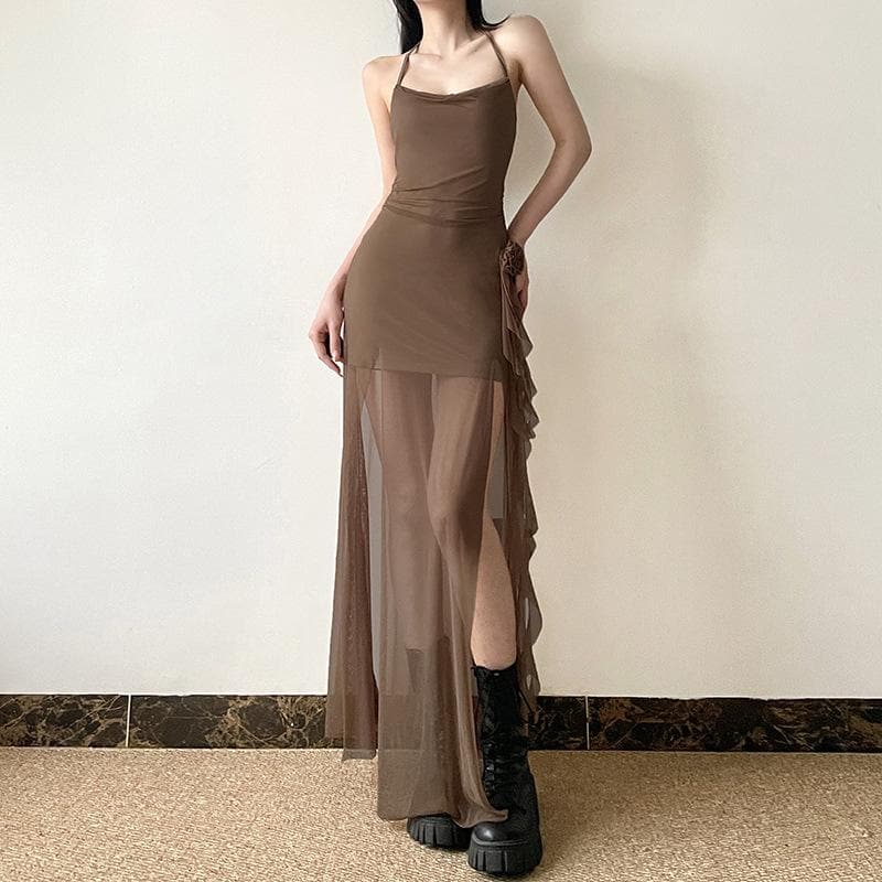 Autumn Ember Halter Mesh Maxi Dress | Sheer Slit Gown with Ruched Detail