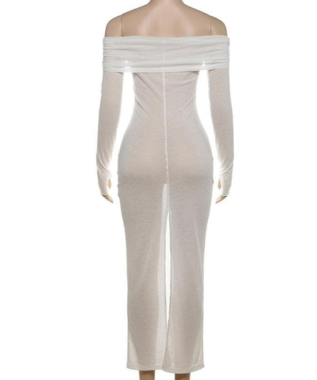 Sultry Sheer Off-Shoulder O-Ring Maxi Dress - Fall Party & Halloween Ready