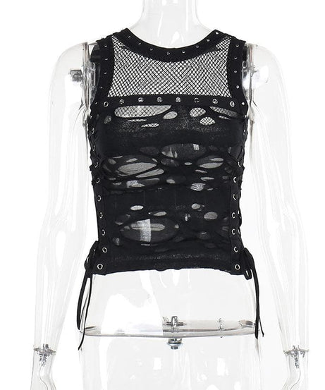 Spiked O-Ring Fishnet Goth Tank Top - Distressed Cut-Out Grunge & Punk Style for Fall & Halloween
