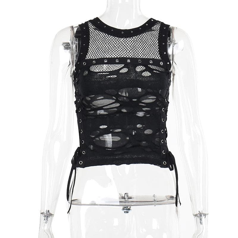 Spiked O-Ring Fishnet Goth Tank Top - Distressed Cut-Out Grunge & Punk Style for Fall & Halloween