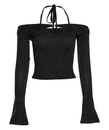 Effortless Fall Style: Halter Off-Shoulder Knit Top | Layered Look Bell Sleeve Sweater