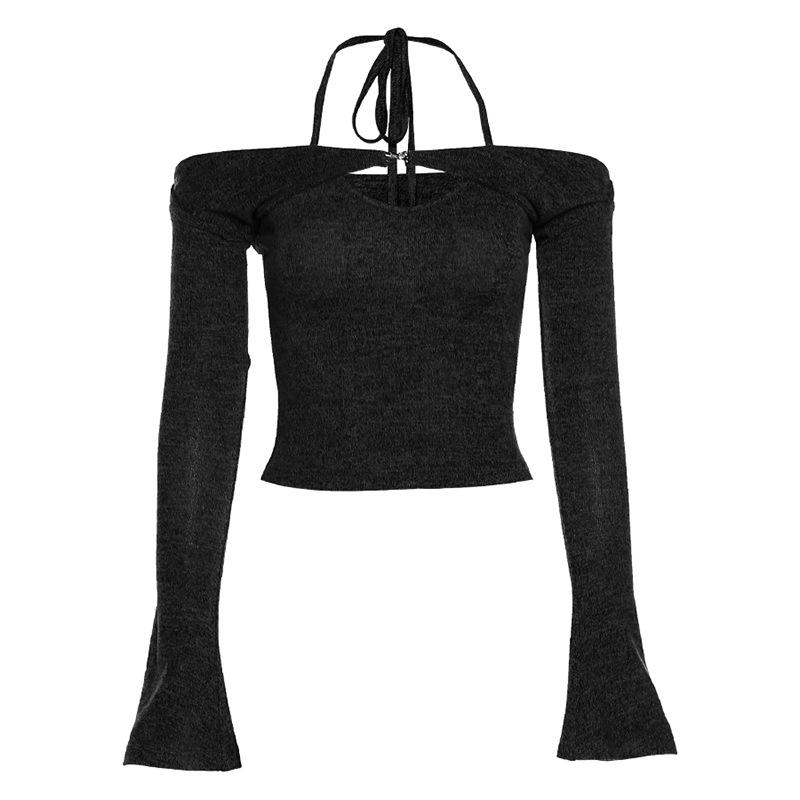 Effortless Fall Style: Halter Off-Shoulder Knit Top | Layered Look Bell Sleeve Sweater