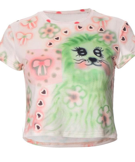 Dreamy Pastel Kitty Crop Top - Playful Airbrush Graphic Tee for Cozy Fall Days