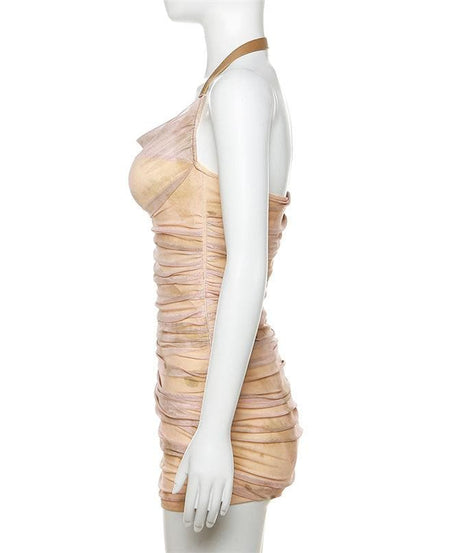 Spooky Chic Halter Mini Dress - Distressed Mummy Ruched Bodycon for Halloween & Fall Parties