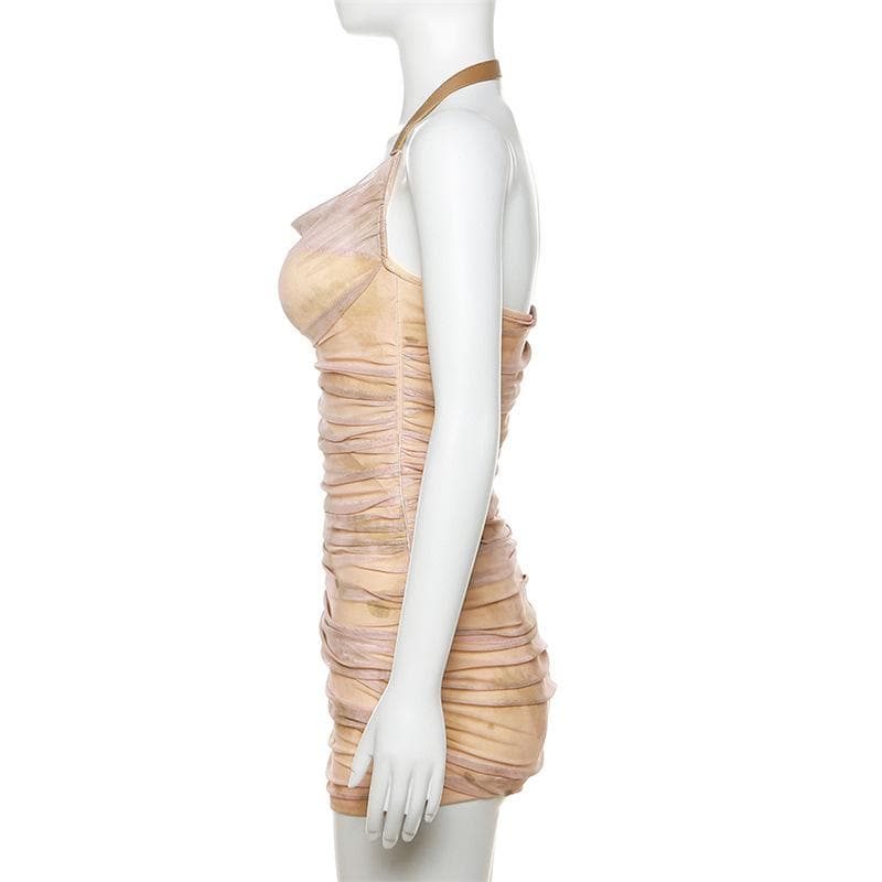 Spooky Chic Halter Mini Dress - Distressed Mummy Ruched Bodycon for Halloween & Fall Parties