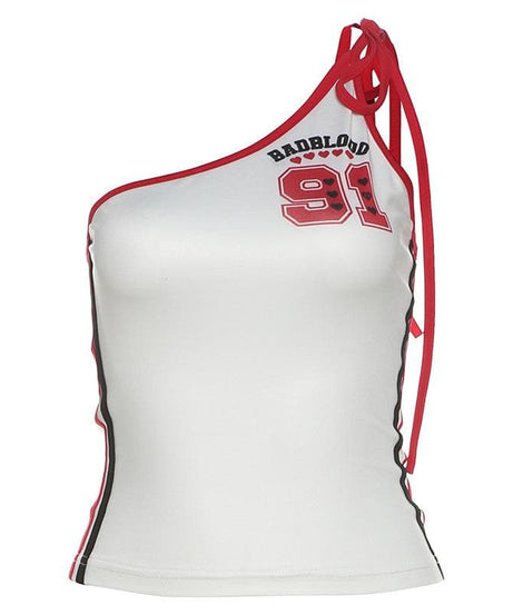 Edgy "BADBLOOD 91" One-Shoulder Graphic Top - Y2K Streetwear Chic for Fall